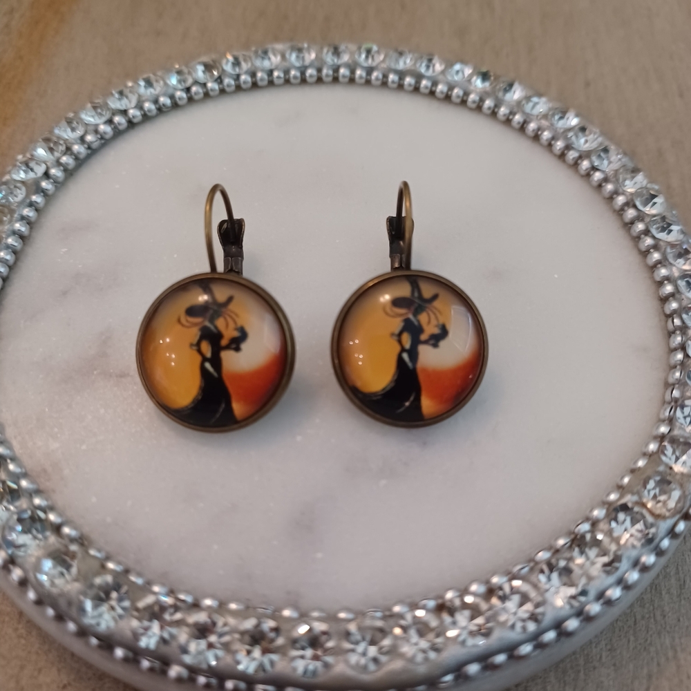 Black Witch Silhouette Glass Cabochon Drop Earrings